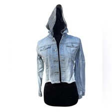 Cat  Jack Girls Hooded Cropped Denim Jacket L 10/12 Light Wash Frayed Hem