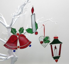 Stained Glass Christmas Ornament Suncatcher Red Green White Bells Candle Lantern