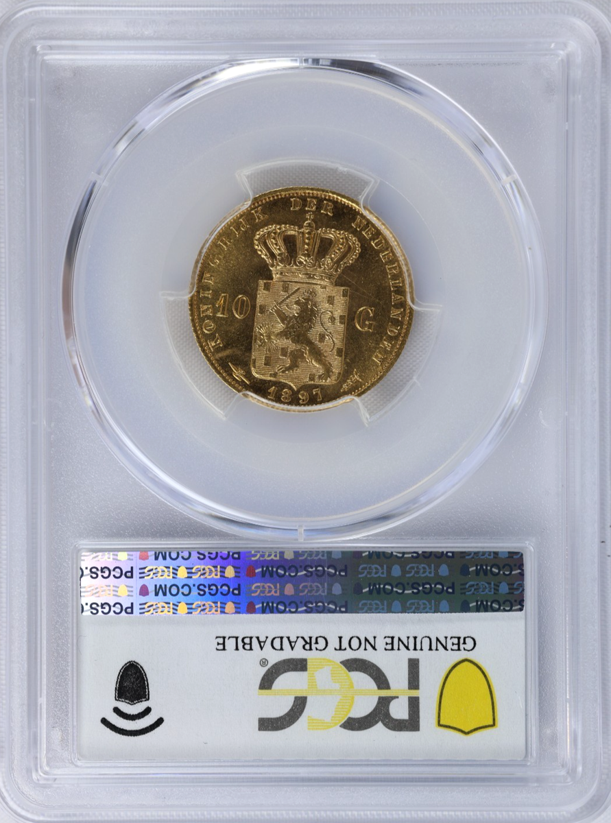 1897 Netherlands 10 Gulden Wilhelmina Beaded Boarder Gold Coin