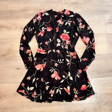 Reformation Portia Dress Black Floral Print Long Sleeve Tie Neck Mini Size 4