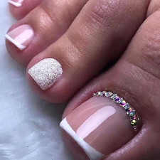 Sommer Fu&szlig;n&auml;gel Press-On French Tip Silber Glitzer Strass K&uuml;nstliche Fu&szlig;n&auml;gel Gl