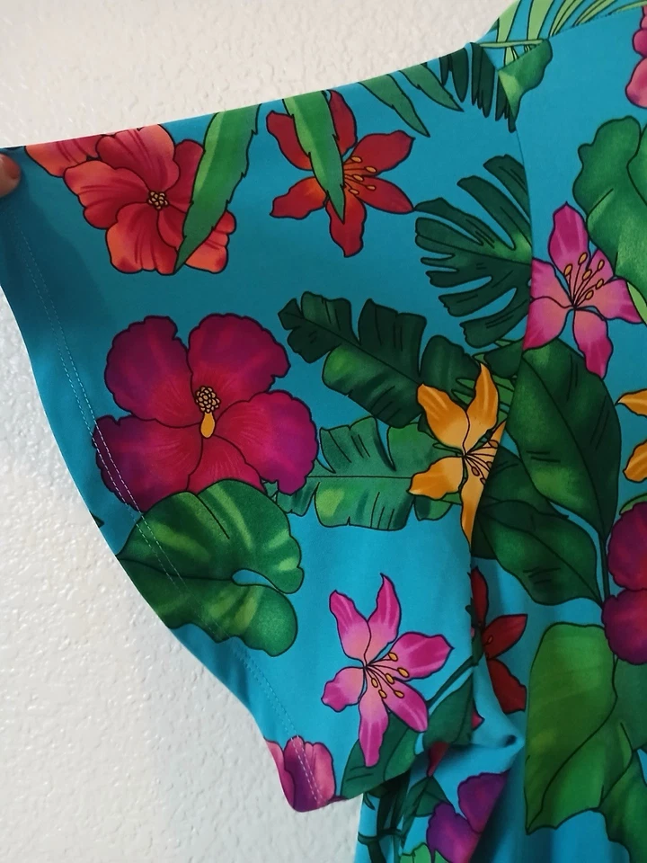 Susan Graver 女式 2X 液体针织连衣裙热带印花人造裹身花卉 — 第 3/4 张图片