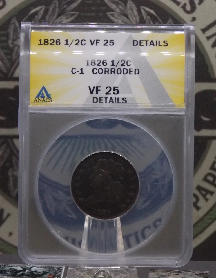 1826 Classic Head C-1 Half Cent 1/2c ANACS VF25 Details #141 Very Fine ECC&C Inc - Image 3 of 4