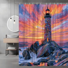 Lighthouse Sunset Ocean Shower Curtain, Colorful Coastal Wall Art