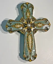 Nikky Jeweled Brass Enameled Blue/Cream Swirl Cross Trinket Box With Lid 4x3x.5"