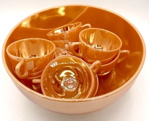 Vintage Fire King Anchor Hocking Peach Luster Punch Bowl Set w/ 10 Cups