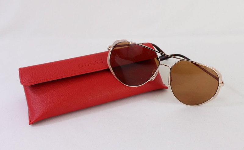 Guess Gold Tone Metal Geometric Frame Brown Lens Sunglasses GU00219