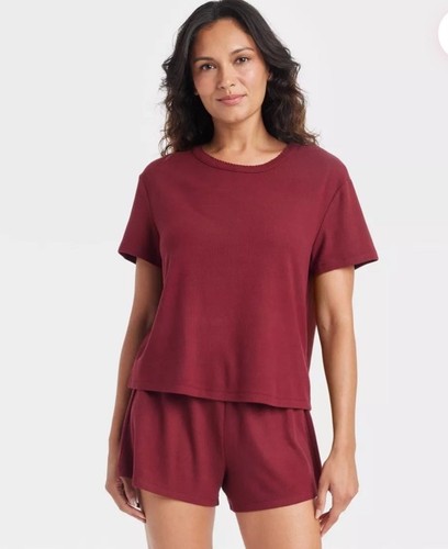 DAMEN POINTELLE KURZARM OBERTEIL UND SHORTS PYJAMA SET Größe Medium Rot