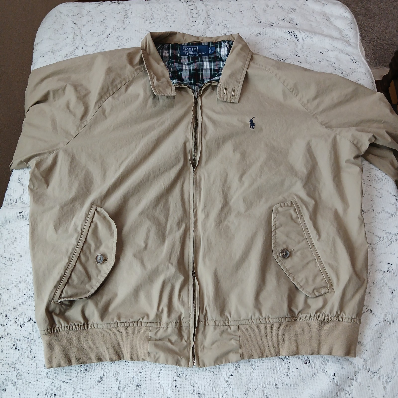 Vintage Polo Ralph Lauren Harrington Jacket Mens L Luxury Beige Plaid Lining 