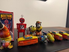 Vintage Tin Toy Lot GE 297 Cars Trains Robot Dog Birds Mixed Lot As-Is Display