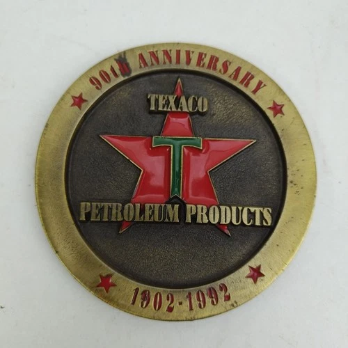 Vintage Texaco Gas Petroleum Products 90th Anniversary Brass Paper Weight Enamel