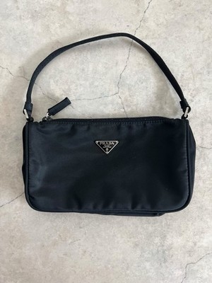 PRADA Black Zip Shoulder Bag Purse w/ Logo Accent, Silver Hardware