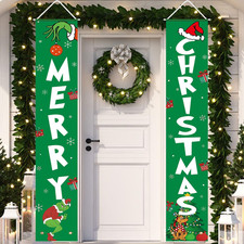 Green Merry Christmas Banner, Xmas Porch Door Welcome Sign Indoor Outdoor Decor