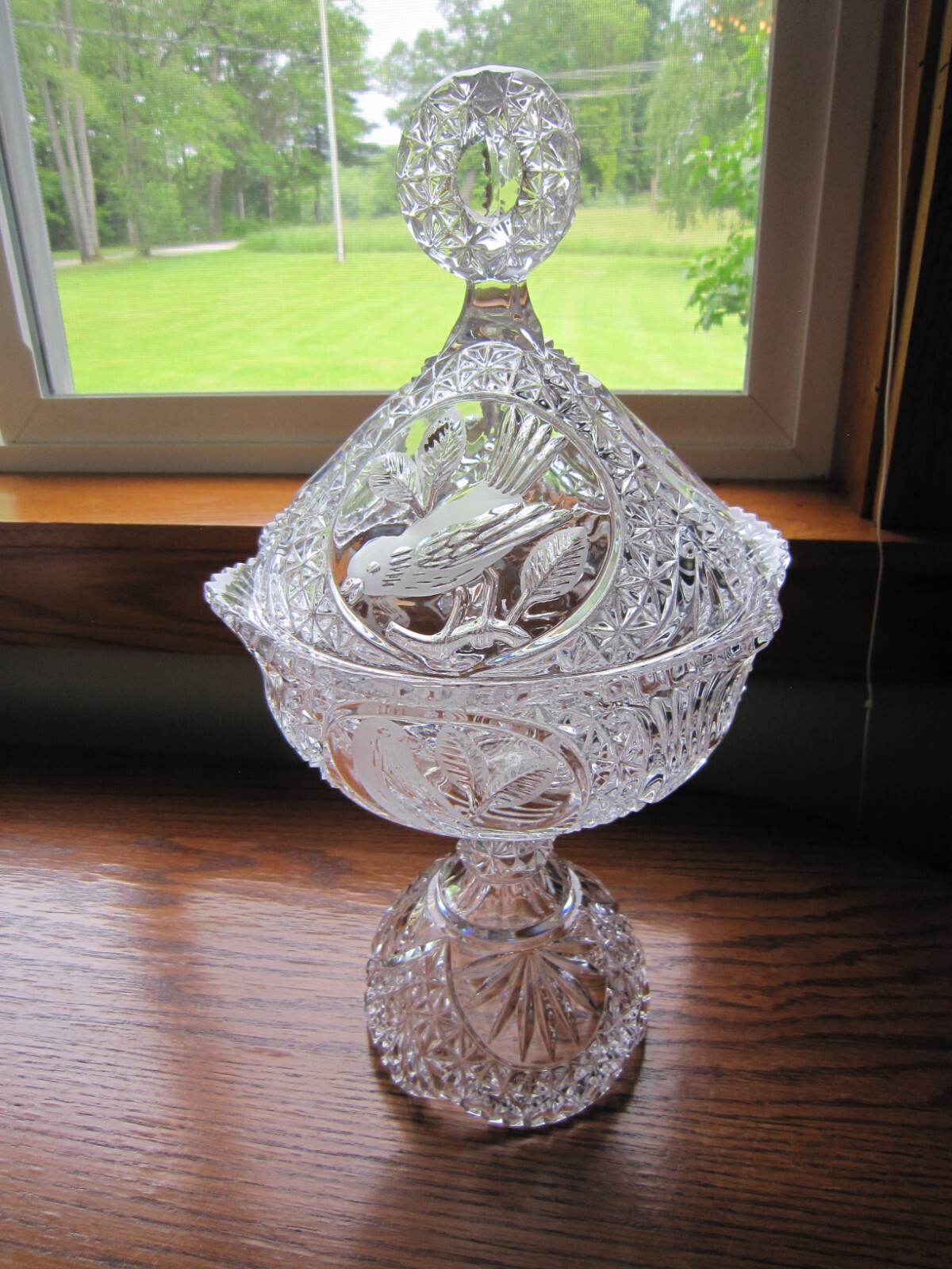 Hofbauer Byrdes German Crystal Lidded Candy Dish/Compote Cut Glass Bird Design