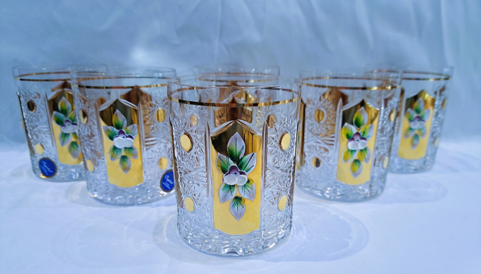 Czech bohemia cut crystal glass - Whisky glasses 10 cm decorated gold 6pcs-image