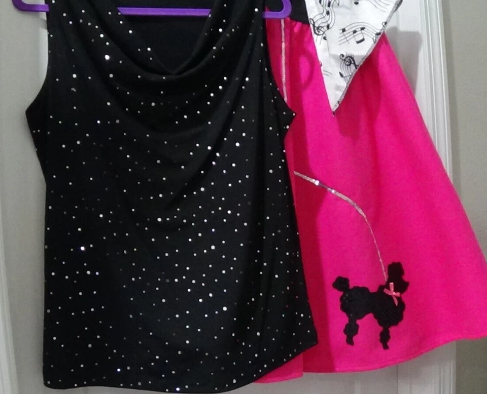 #398 Womens 3 pc Pink Poodle Skirt Outfit Halloween Dance Costume Hip Hop 50s - Image 2 of 4