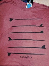 NEW MENS MEDIUM HANG TEN BURGUNDY SURFBOARD SURF SURFING GRAPHIC T TEE SHIRT