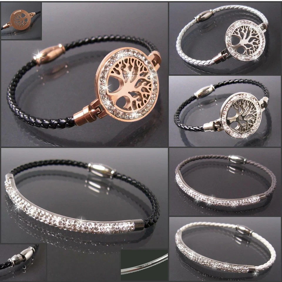 Armband Leder Edelstahl silber Strass Damen Schmuck Lederarmband Lebensbaum VA38 - Bild 3 von 3
