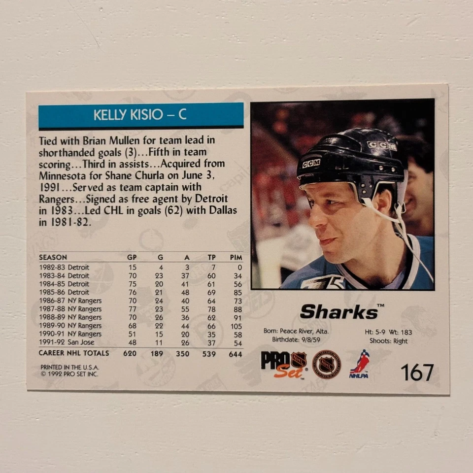 1992-93 Pro Set #167 Kelly Kisio San Jose Sharks Hockey Card - Image 2 of 2