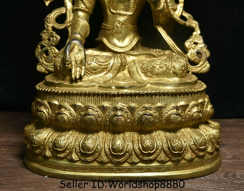 15.2" Antiguo Budismo Tíbet Cobre Dorado 7 Ojos Blanco Tara Diosa Loto Escultura Foto 4 de 4