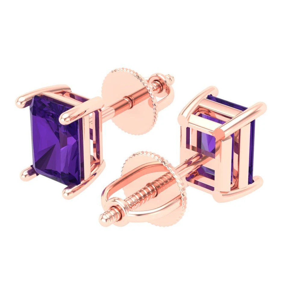1.0 ct Emerald Cut Studs Natural Gemstone Rose Gold Designer Earrings Push back - Image 2 of 4