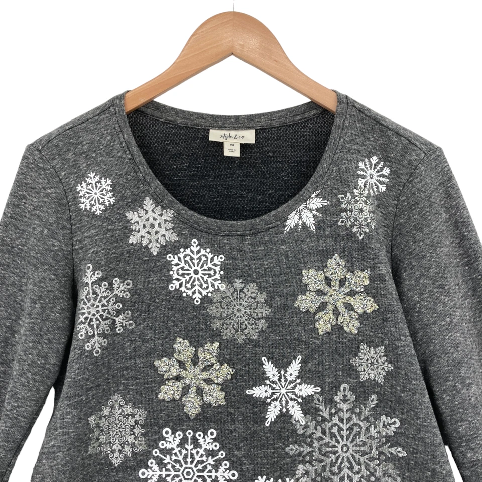 Style&co. Sudadera Mujer Pequeña Mediana Gris Copo de Nieve Adornada Cuello Redondo Foto 3 de 4