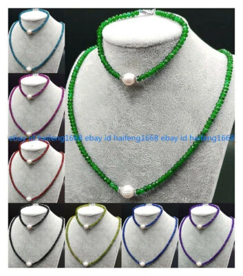 2x4mm Mehrfarbig Facettiert Edelstein & 8-9mm Weiß Perle Halskette Armband Set - Bild 1 von 4