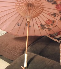 Parasol Umbrella, Oriental Style, Looks Painted, Wood Handle Top, Pink, Flowers