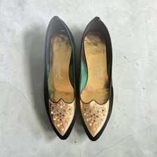 1960 Vintage Never Used Size 8 Deep Green Velvet Gold Accent Pointed Toe Shoes