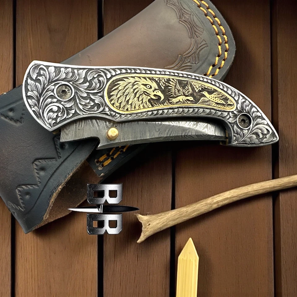 Cuchillo plegable personalizado hecho a mano de acero 440c grabado a mano con funda cuchillo de camping Foto 3 de 4