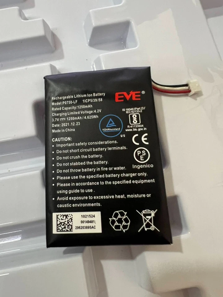 3.7V 1250mAh Replacement Battery EVE P0750-LF 296203895AC for Ingenico Link 2500 - Image 1 of 1