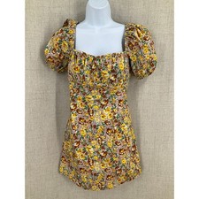ASTR The Label Mini Dress Womens S Yellow Floral Cotton Puff Sleeve Cottagecore
