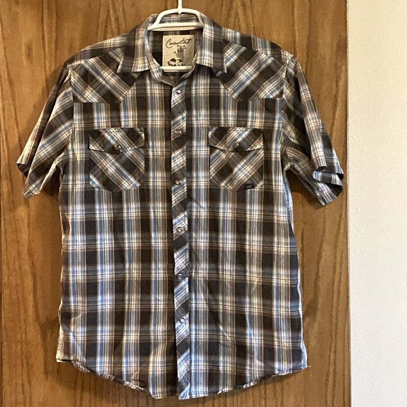 Coastal Men’s Western Short Sleeve Snap Front Shirt Size L Brown And Blue Plaid