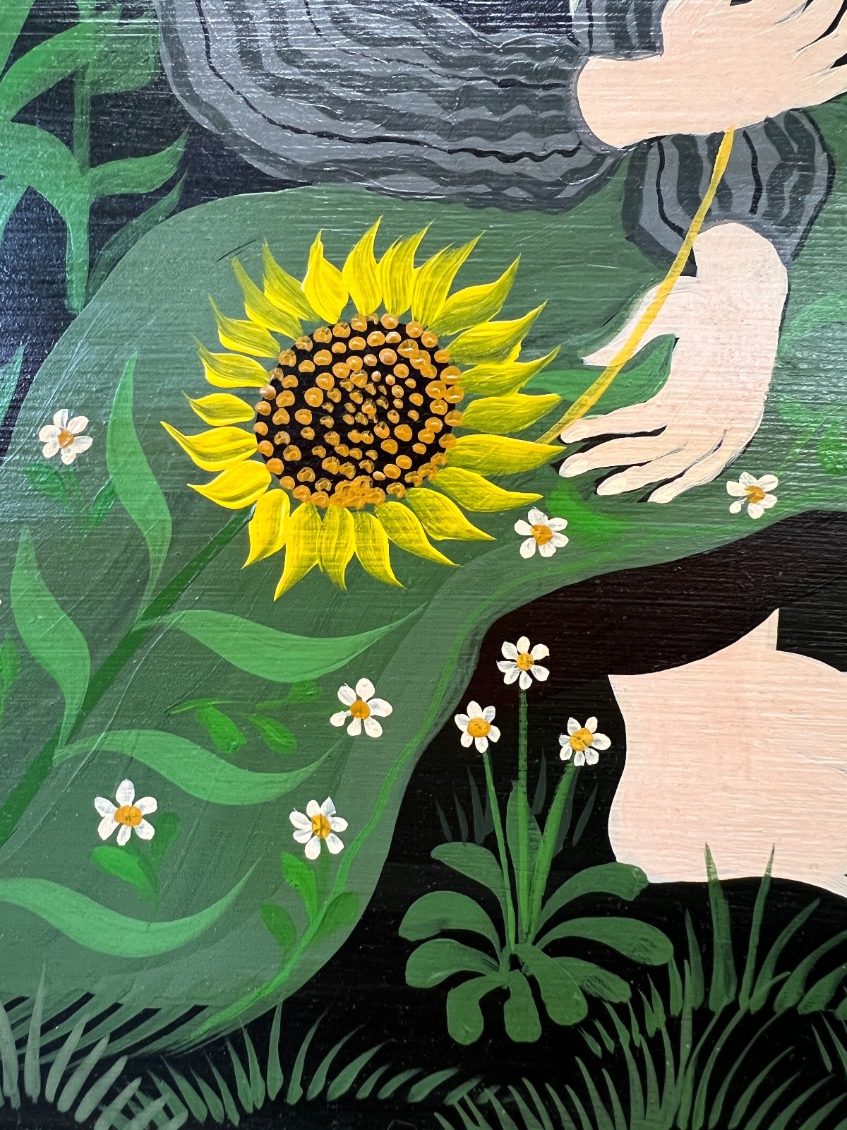 Carlos Perteagudo “Three Figures and Sunflowers” Signed Oil on Board Folk Naïve