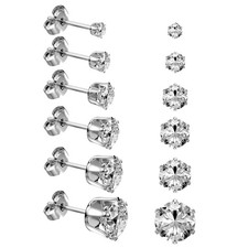 6 Pairs Stainless Steel Stud Earrings Set, 3-8mm 3mm to 8mm, Silver-6Pairs