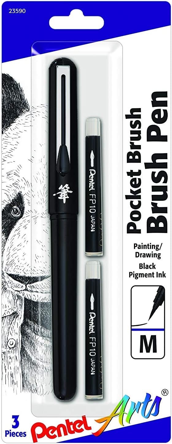 Pentel Refillable Pocket Brush Pen Black Permanent + 2 Black Refills Calligraphy