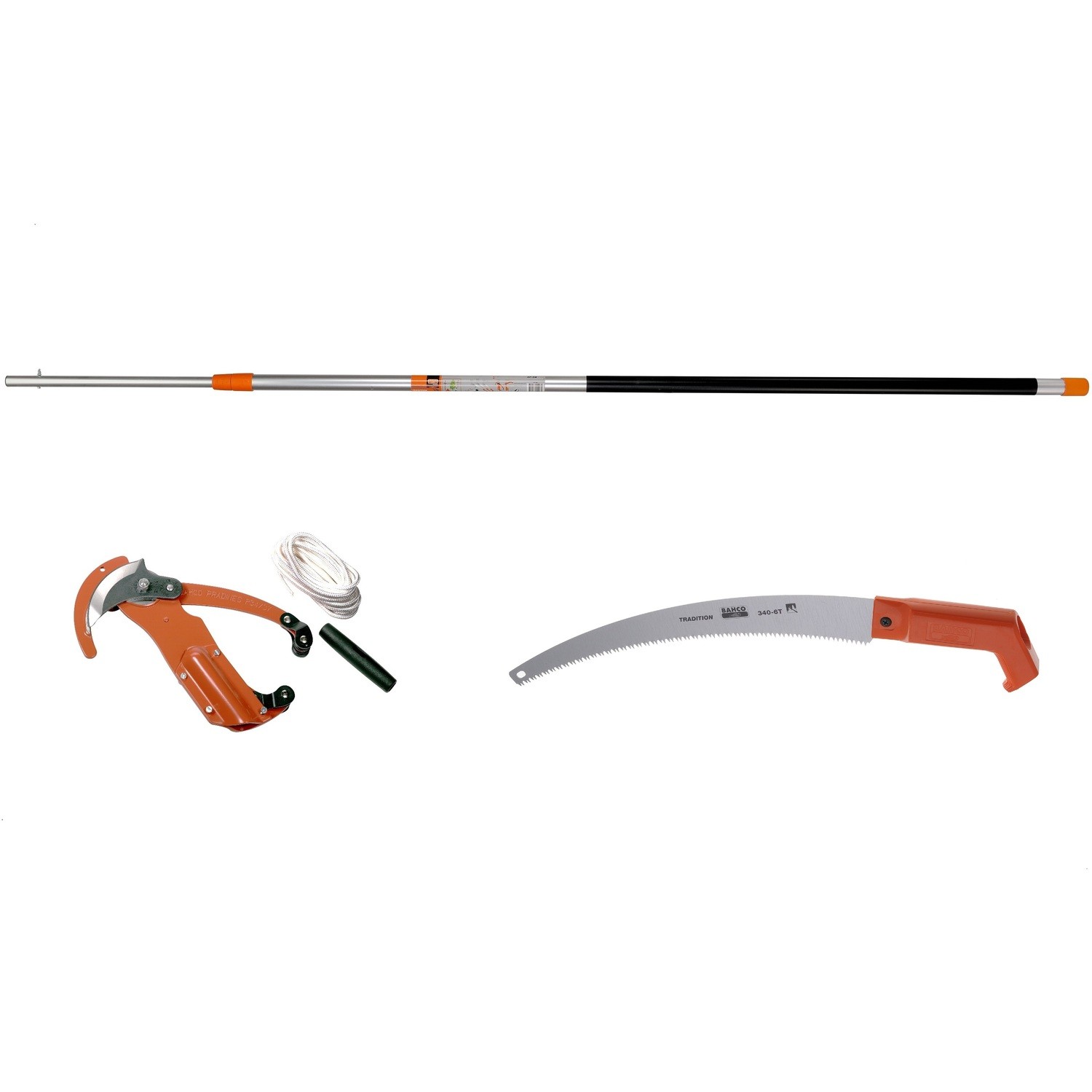 Scie 340-6T et échenilloir Bahco P34-37 à triple démultiplication sur perche de 3,5m