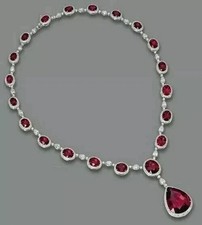 35Ctw Oval Cut Lab created Red Ruby Tennis Necklace 14K White Gold Plated Silver