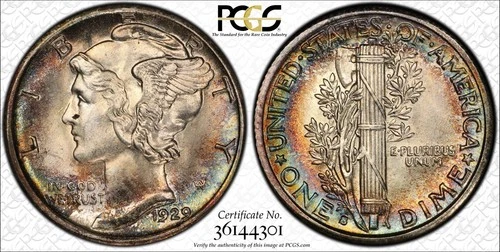 1929-S Mercury Dime PCGS MS-64 FB Full Bands Silver Dime Rainbow Toned TruView!