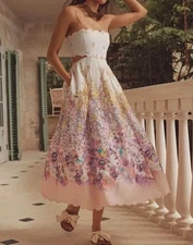 BNWT- Zimmermann Jude Scalloped Floral Midi Linen Dress Size 0/ 8 AU / 4 US🩷