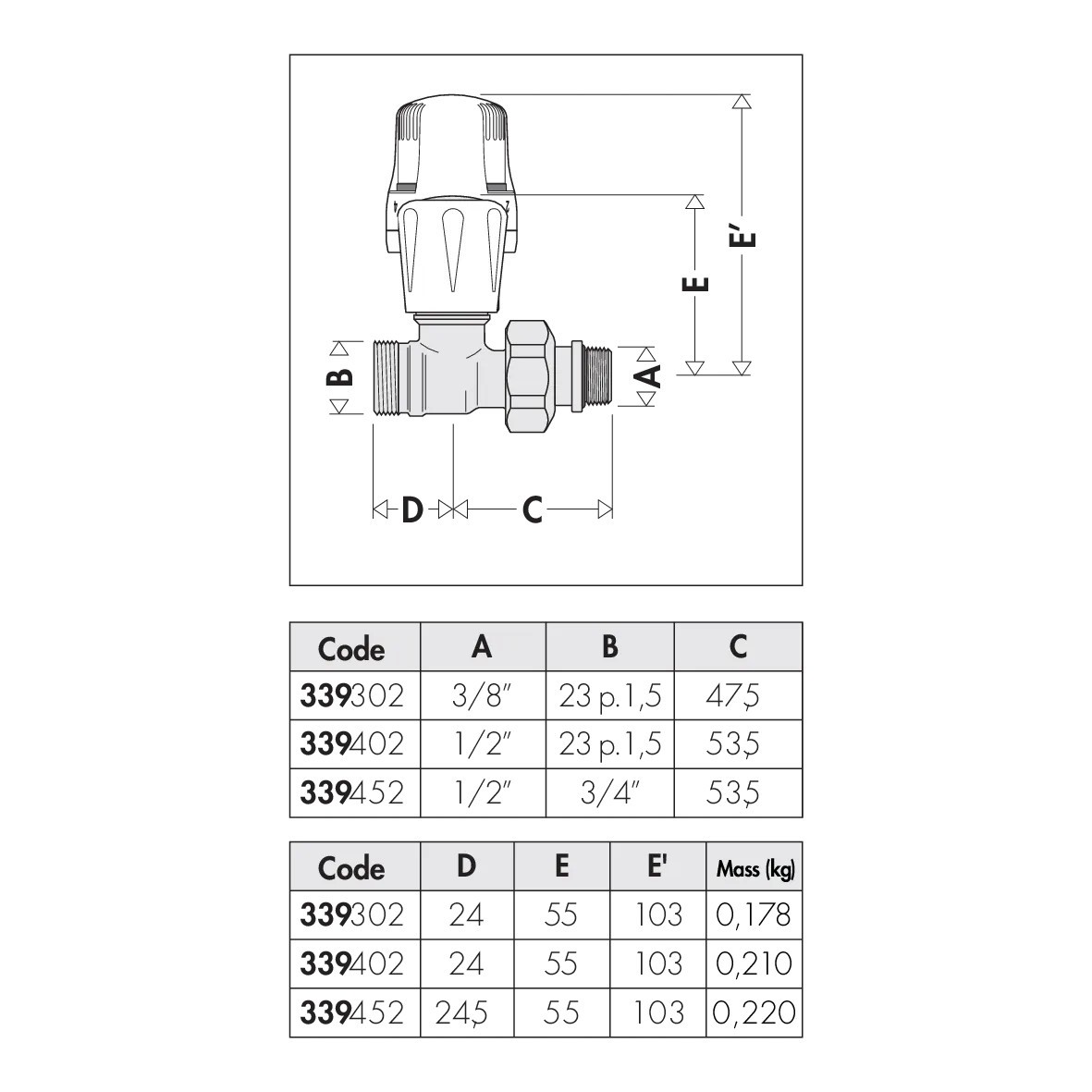 VALVOLA DIRITTA TERMOSTIZZABILE  3/8" M23x1,5 CALEFFI 339302