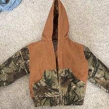 Carhartt Boys Hooded Jacket Brown Camouflage Canvas Full Zip Long Sleeve