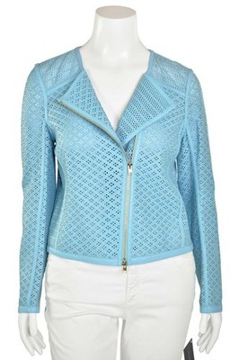 *AMAZING!* Escada Light Blue Laser Cut Woven Leather Moto Jacket sz 40/10 US