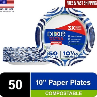 Compostable Heavy Duty Disposable Paper Plates 10 Inch 50 Count Microwave Safe
