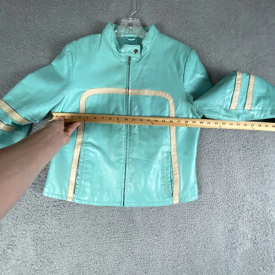 Chaqueta Máxima de Cuero Wilson DE COLECCIÓN para Mujer Grande Verde Azulado Moto Rayas Carreras Años 90 Foto 2 de 4