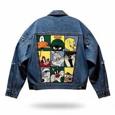 Vintage 90  s Warner Bros Looney Tones Men Distressed Rips Denim Jean Jacket Med