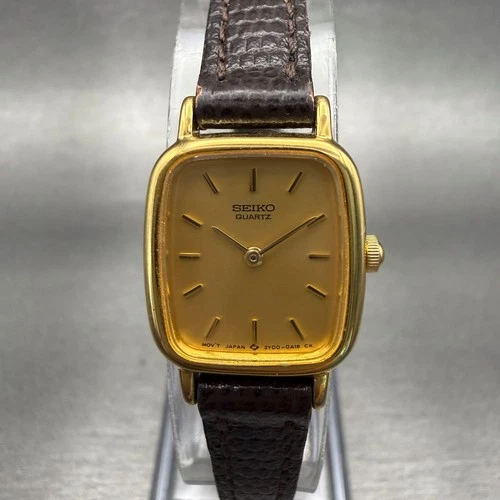 Seiko Watch Women 17mm Gold Dial Gold Tone Rectangle 2Y00-5A00 New Battery