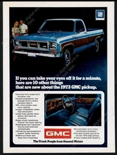 1973 GMC pickup blue truck with wood grain panel photo vintage print ad