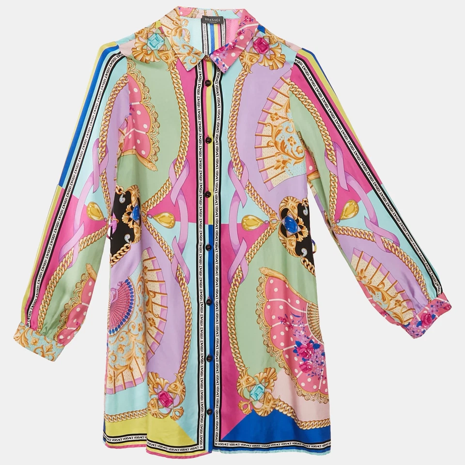 Versace Multicolor Ventagli Print Silk Shirt Dress 12 Yrs