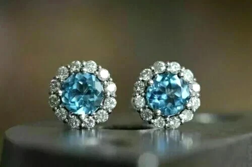 3Ct Round Cut Blue Lab Created Diamond Halo Stud Earrings 14k White Gold Plated - Image 2 of 4